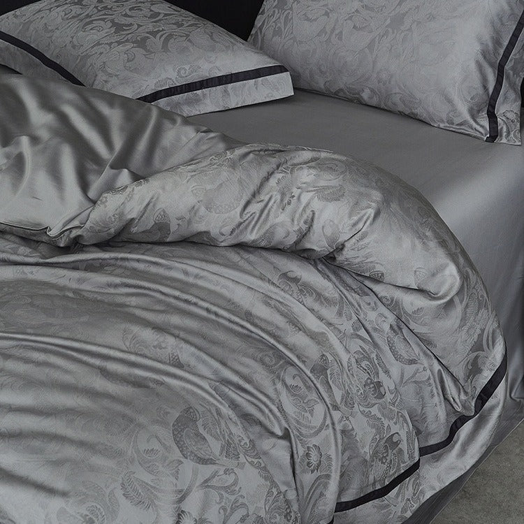 VILZSTUDIOS steel grey bird and botanical damask duvet cover set with charcoal flange borders