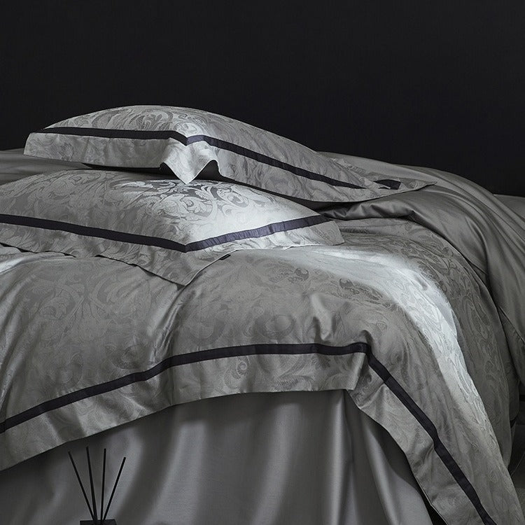 VILZSTUDIOS steel grey bird and botanical damask duvet cover set with charcoal flange borders