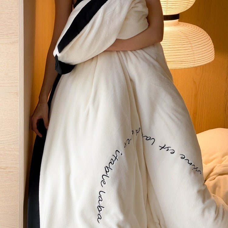 VILZSTUDIOS neutral fleece bedding set with black piping and cursive embroidery