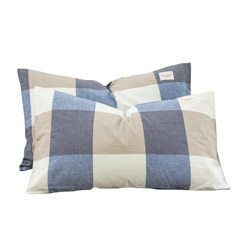 VILZSTUDIOS denim blue, beige and cream block check pillowcase with stitched edges