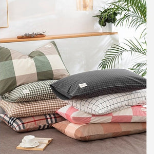 VILZSTUDIOS denim blue, beige and cream block check pillowcase with stitched edges