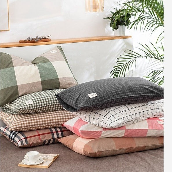 VILZSTUDIOS denim blue, beige and cream block check pillowcase with stitched edges