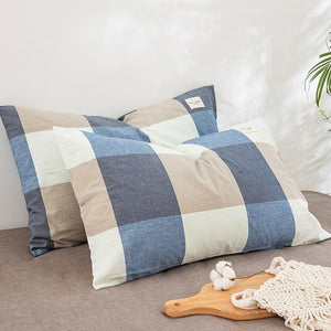 VILZSTUDIOS denim blue, beige and cream block check pillowcase with stitched edges