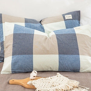 VILZSTUDIOS denim blue, beige and cream block check pillowcase with stitched edges