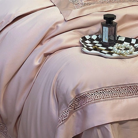 VILZSTUDIOS blush pink satin bedding set with geometric cut-out lace borders