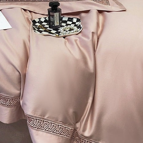 VILZSTUDIOS blush pink satin bedding set with geometric cut-out lace borders