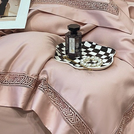 VILZSTUDIOS blush pink satin bedding set with geometric cut-out lace borders