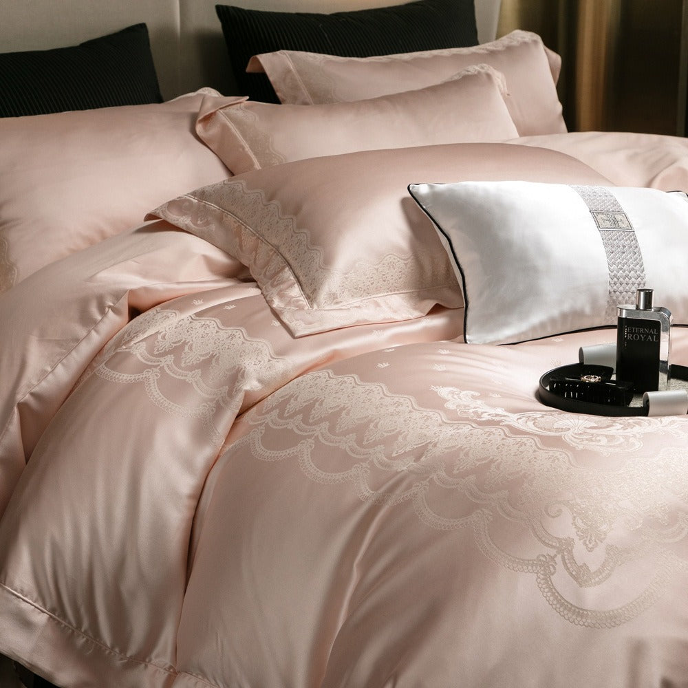 VILZSTUDIOS blush pink satin duvet cover set with champagne scrollwork borders and matching flanged pillowcases