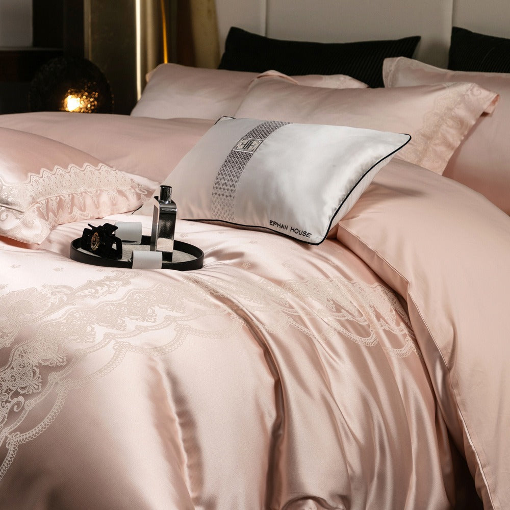 VILZSTUDIOS blush pink satin duvet cover set with champagne scrollwork borders and matching flanged pillowcases