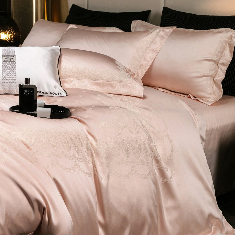 VILZSTUDIOS blush pink satin duvet cover set with champagne scrollwork borders and matching flanged pillowcases