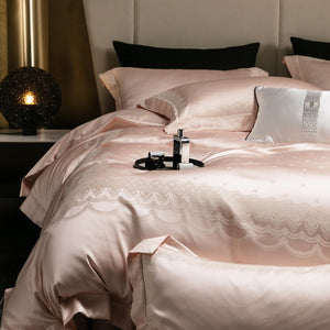 VILZSTUDIOS blush pink satin duvet cover set with champagne scrollwork borders and matching flanged pillowcases