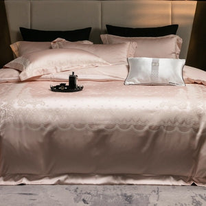 VILZSTUDIOS blush pink satin duvet cover set with champagne scrollwork borders and matching flanged pillowcases