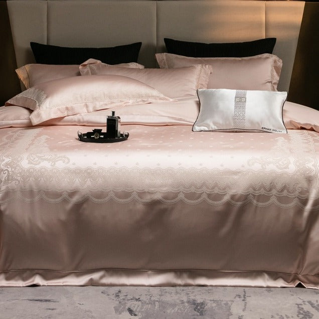 VILZSTUDIOS blush pink satin duvet cover set with champagne scrollwork borders and matching flanged pillowcases