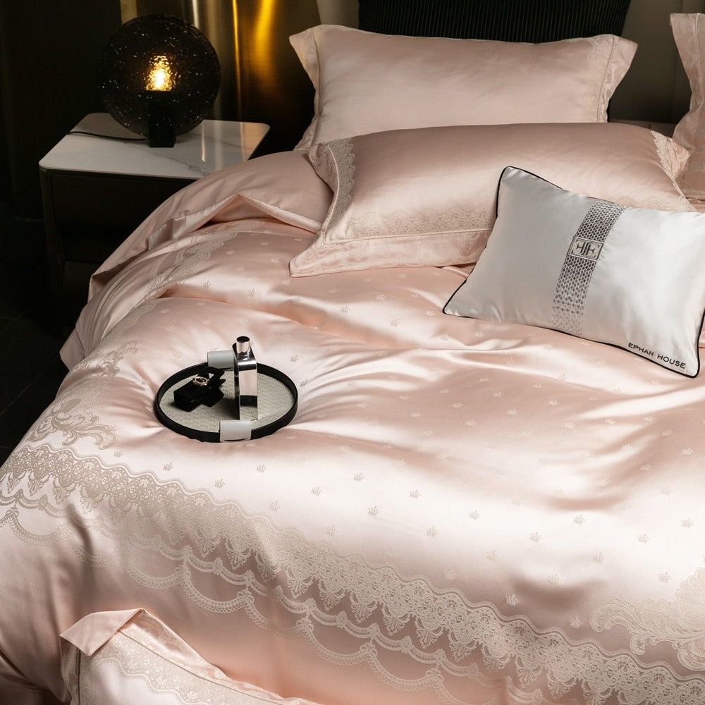 VILZSTUDIOS blush pink satin duvet cover set with champagne scrollwork borders and matching flanged pillowcases
