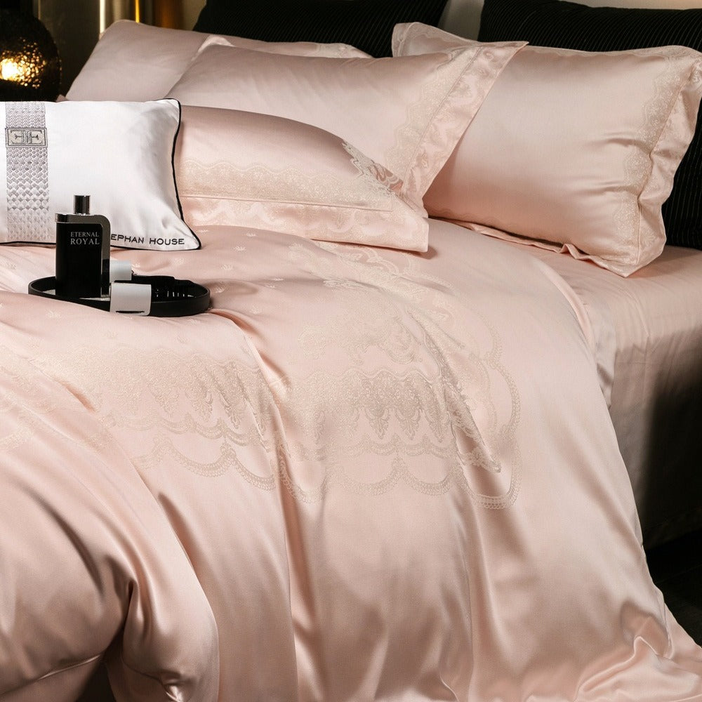VILZSTUDIOS blush pink satin duvet cover set with champagne scrollwork borders and matching flanged pillowcases