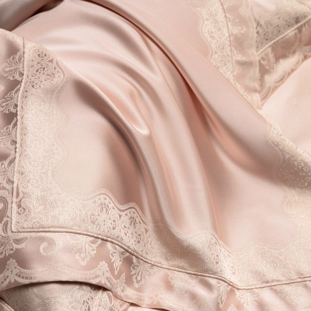 VILZSTUDIOS blush pink satin duvet cover set with champagne scrollwork borders and matching flanged pillowcases
