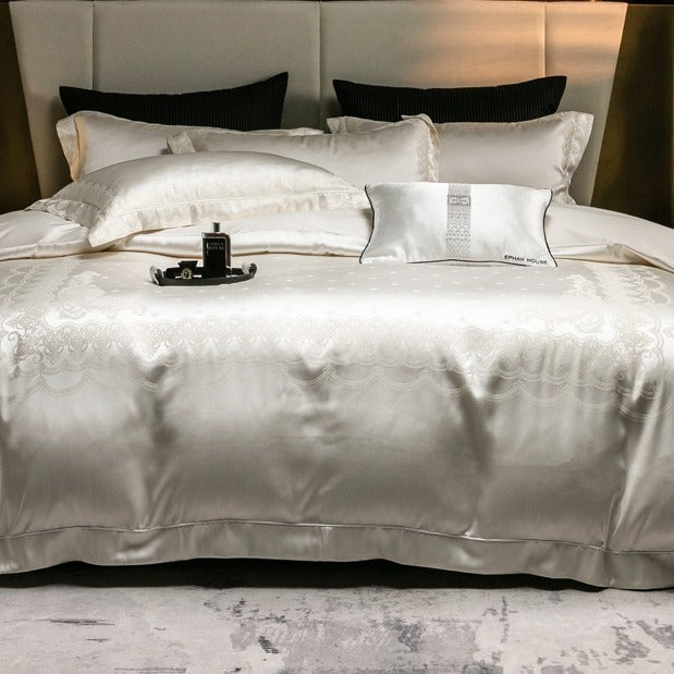 VILZSTUDIOS blush pink satin duvet cover set with champagne scrollwork borders and matching flanged pillowcases