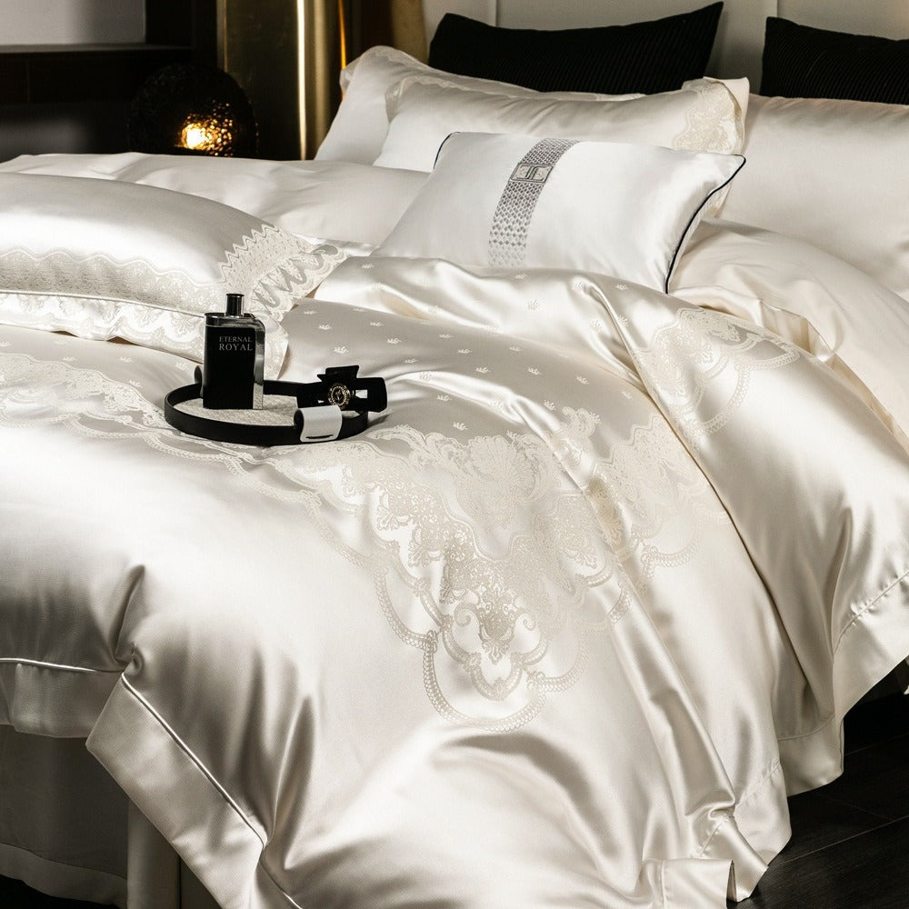 VILZSTUDIOS blush pink satin duvet cover set with champagne scrollwork borders and matching flanged pillowcases