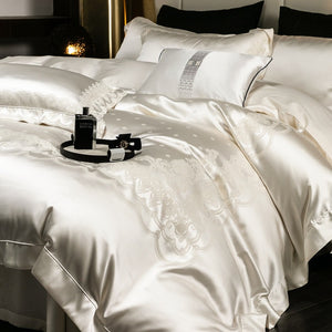 VILZSTUDIOS blush pink satin duvet cover set with champagne scrollwork borders and matching flanged pillowcases