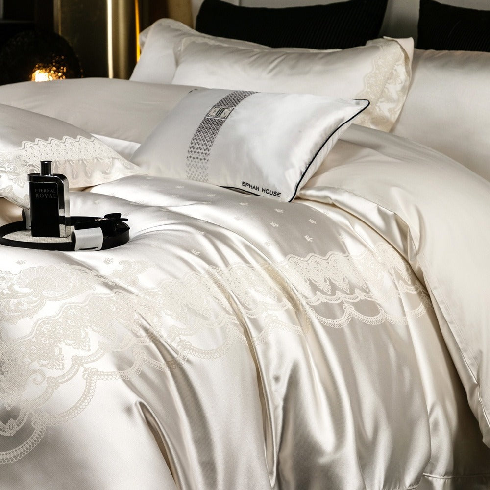 VILZSTUDIOS blush pink satin duvet cover set with champagne scrollwork borders and matching flanged pillowcases