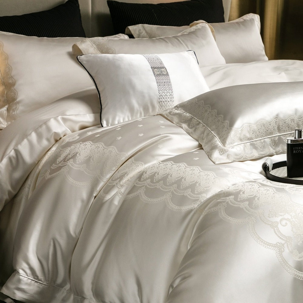VILZSTUDIOS blush pink satin duvet cover set with champagne scrollwork borders and matching flanged pillowcases