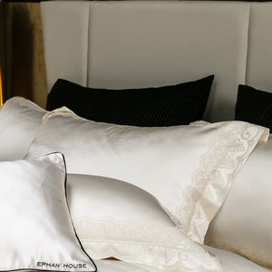 VILZSTUDIOS blush pink satin duvet cover set with champagne scrollwork borders and matching flanged pillowcases