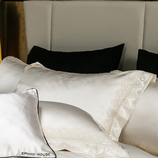 VILZSTUDIOS blush pink satin duvet cover set with champagne scrollwork borders and matching flanged pillowcases