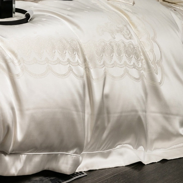VILZSTUDIOS blush pink satin duvet cover set with champagne scrollwork borders and matching flanged pillowcases