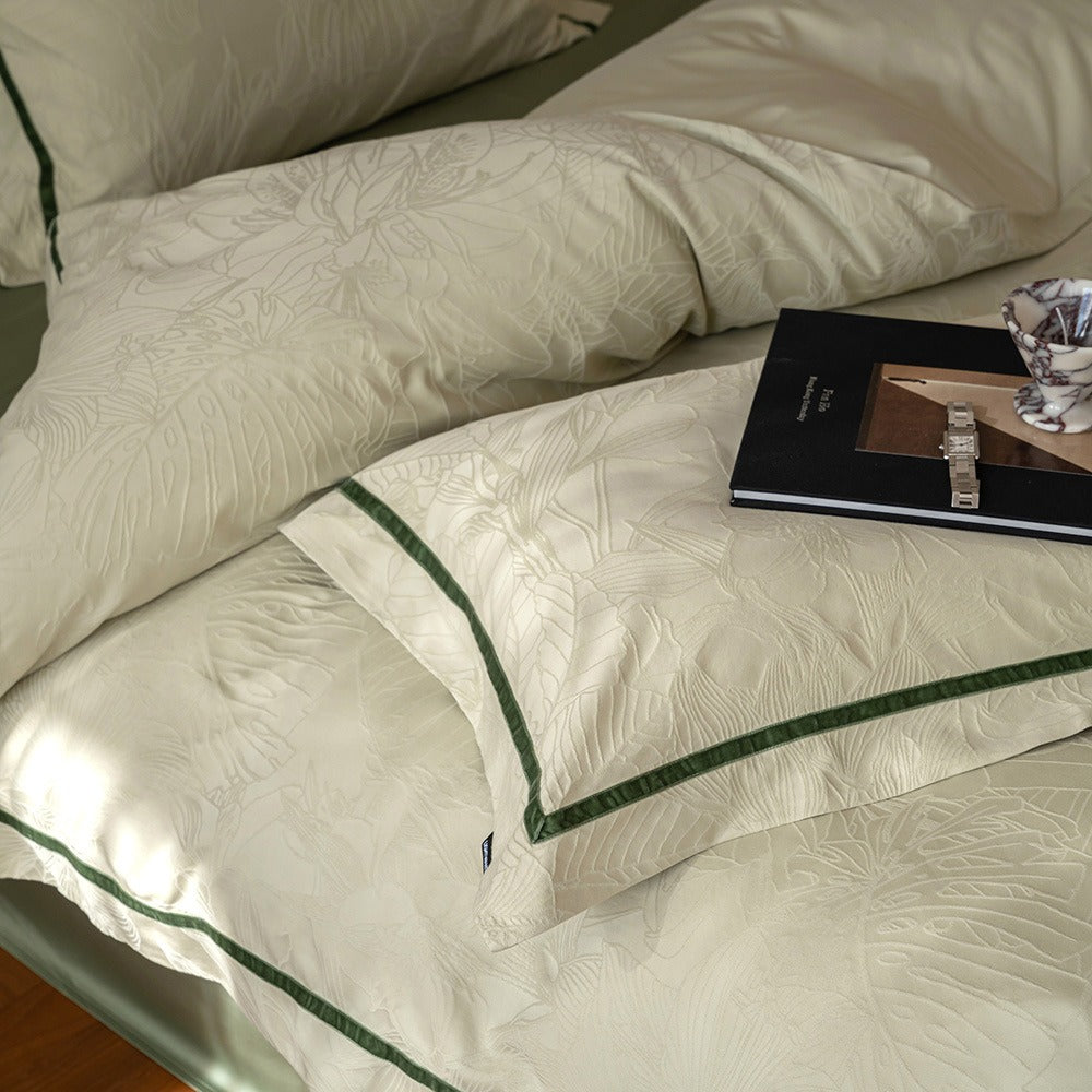 VILZSTUDIOS botanical jacquard duvet cover set with contrasting borders in beige, cream, pale sage and ice blue variations