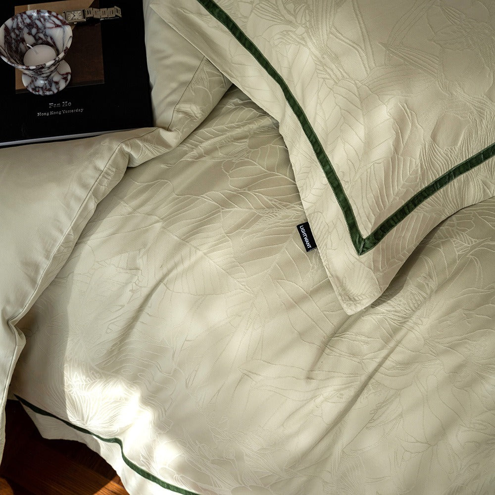 VILZSTUDIOS botanical jacquard duvet cover set with contrasting borders in beige, cream, pale sage and ice blue variations
