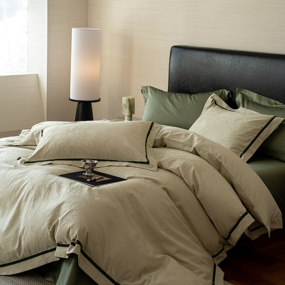 VILZSTUDIOS botanical jacquard duvet cover set with contrasting borders in beige, cream, pale sage and ice blue variations