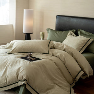 VILZSTUDIOS botanical jacquard duvet cover set with contrasting borders in beige, cream, pale sage and ice blue variations