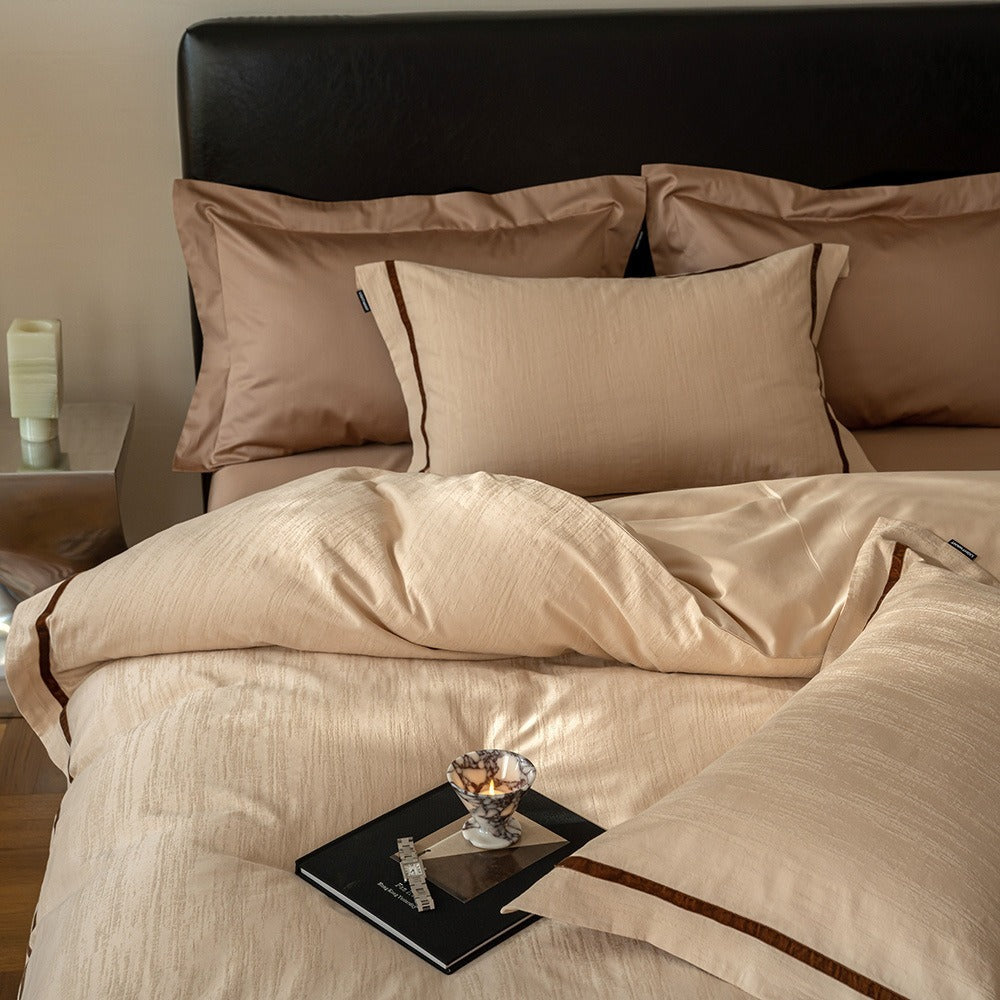 VILZSTUDIOS botanical jacquard duvet cover set with contrasting borders in beige, cream, pale sage and ice blue variations