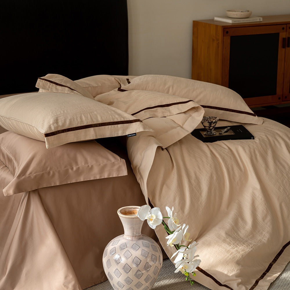 VILZSTUDIOS botanical jacquard duvet cover set with contrasting borders in beige, cream, pale sage and ice blue variations