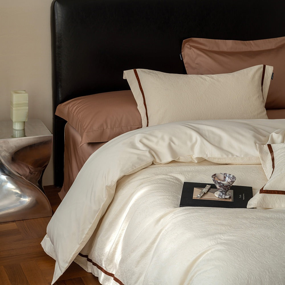 VILZSTUDIOS botanical jacquard duvet cover set with contrasting borders in beige, cream, pale sage and ice blue variations