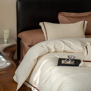 VILZSTUDIOS botanical jacquard duvet cover set with contrasting borders in beige, cream, pale sage and ice blue variations