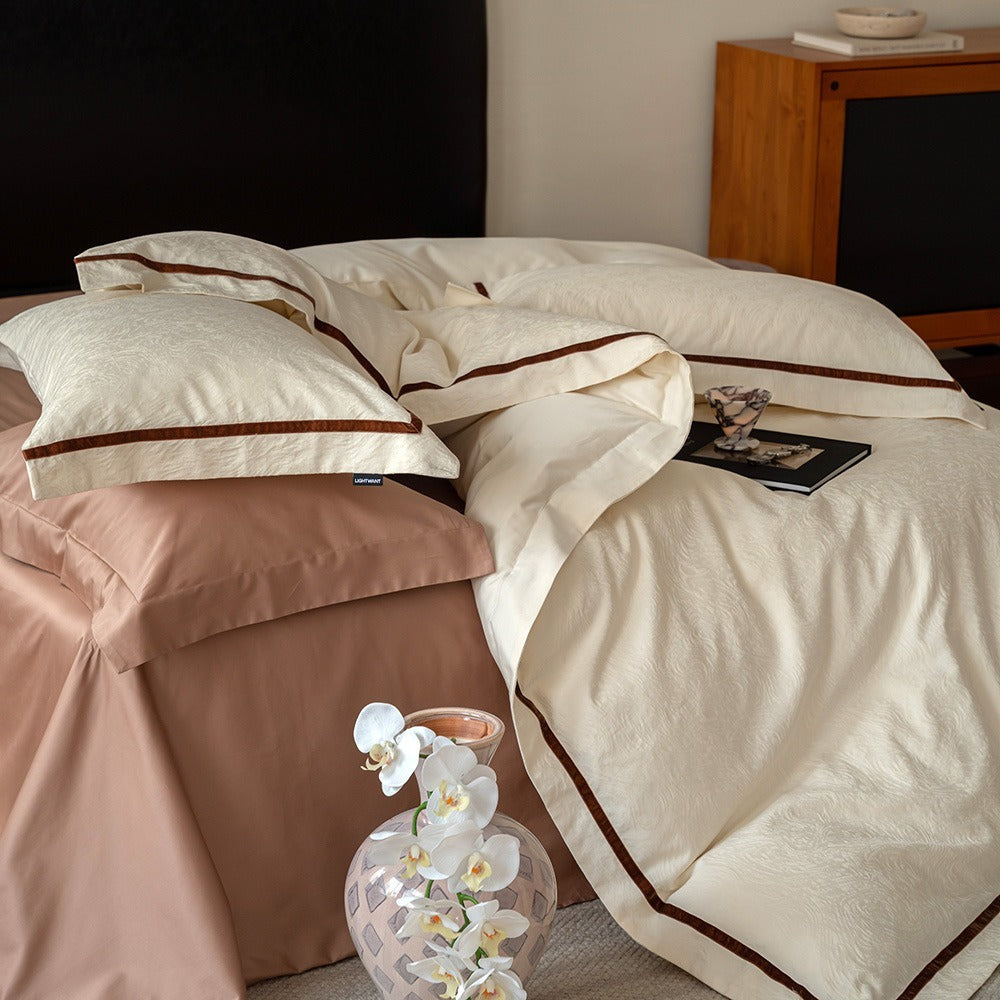 VILZSTUDIOS botanical jacquard duvet cover set with contrasting borders in beige, cream, pale sage and ice blue variations