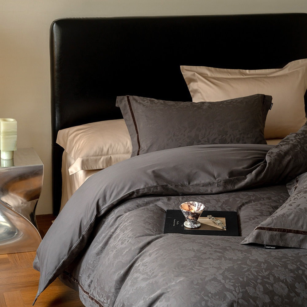 VILZSTUDIOS botanical jacquard duvet cover set with contrasting borders in beige, cream, pale sage and ice blue variations