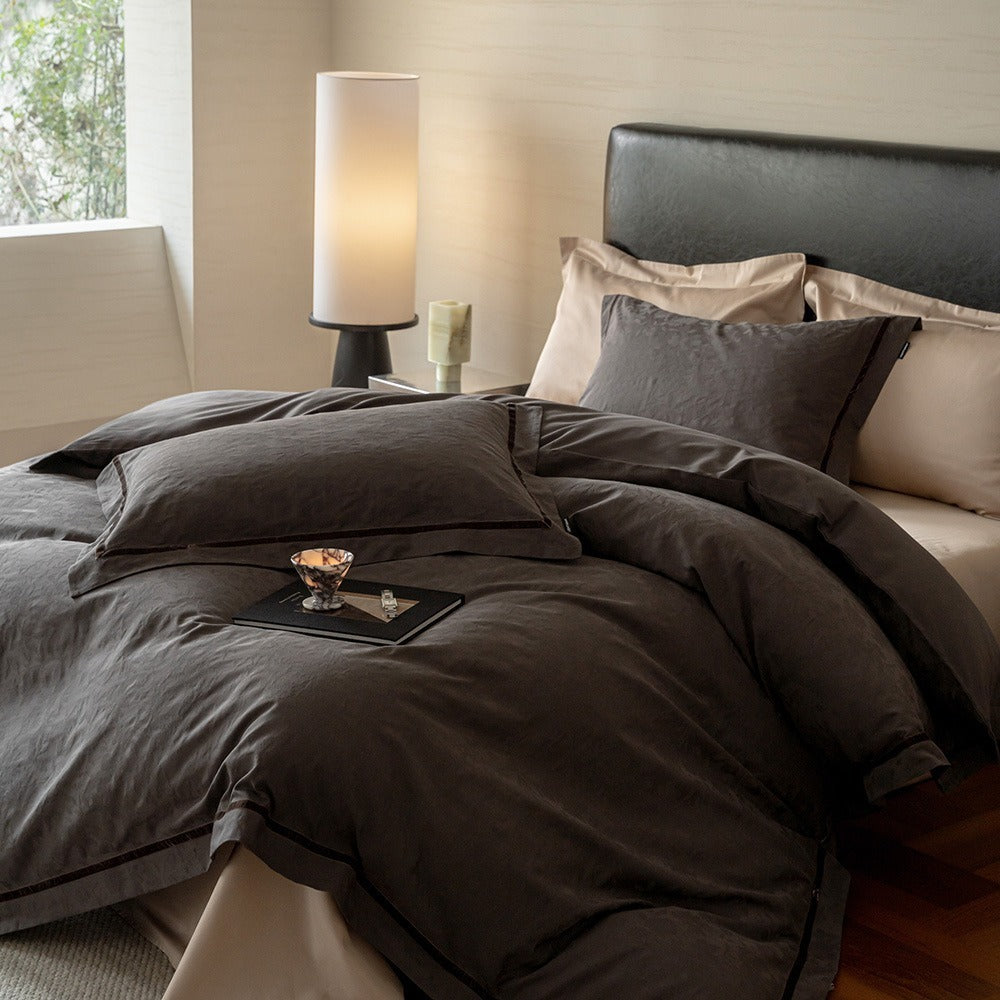VILZSTUDIOS botanical jacquard duvet cover set with contrasting borders in beige, cream, pale sage and ice blue variations