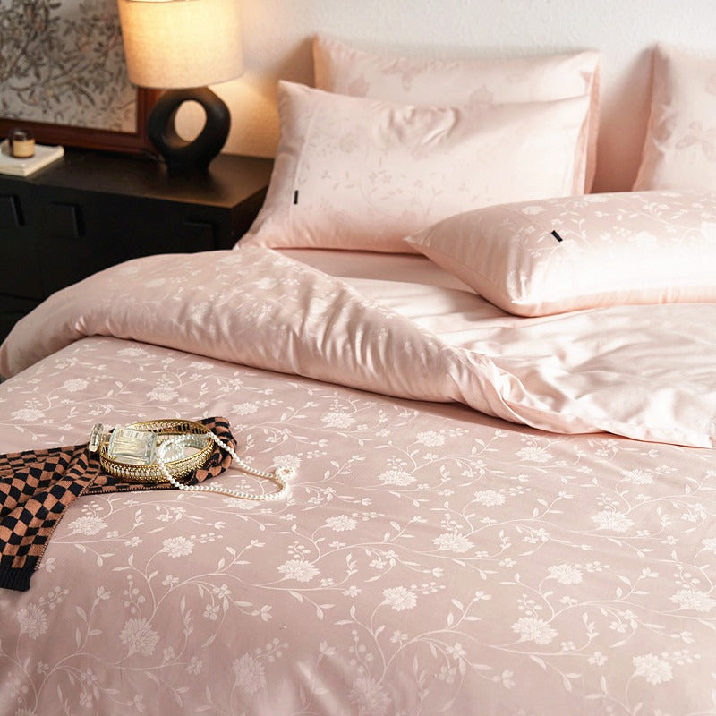 VILZSTUDIOS blush pink, cream and grey jacquard duvet cover set with botanical or crosshatch patterns