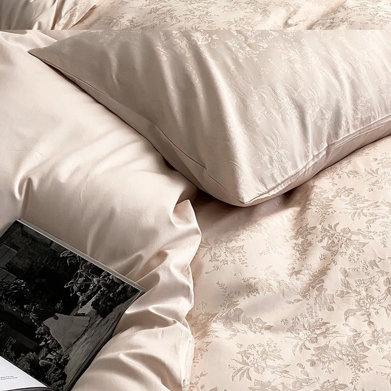 VILZSTUDIOS Muted-tone botanical jacquard satin duvet cover set with flanged pillowcases