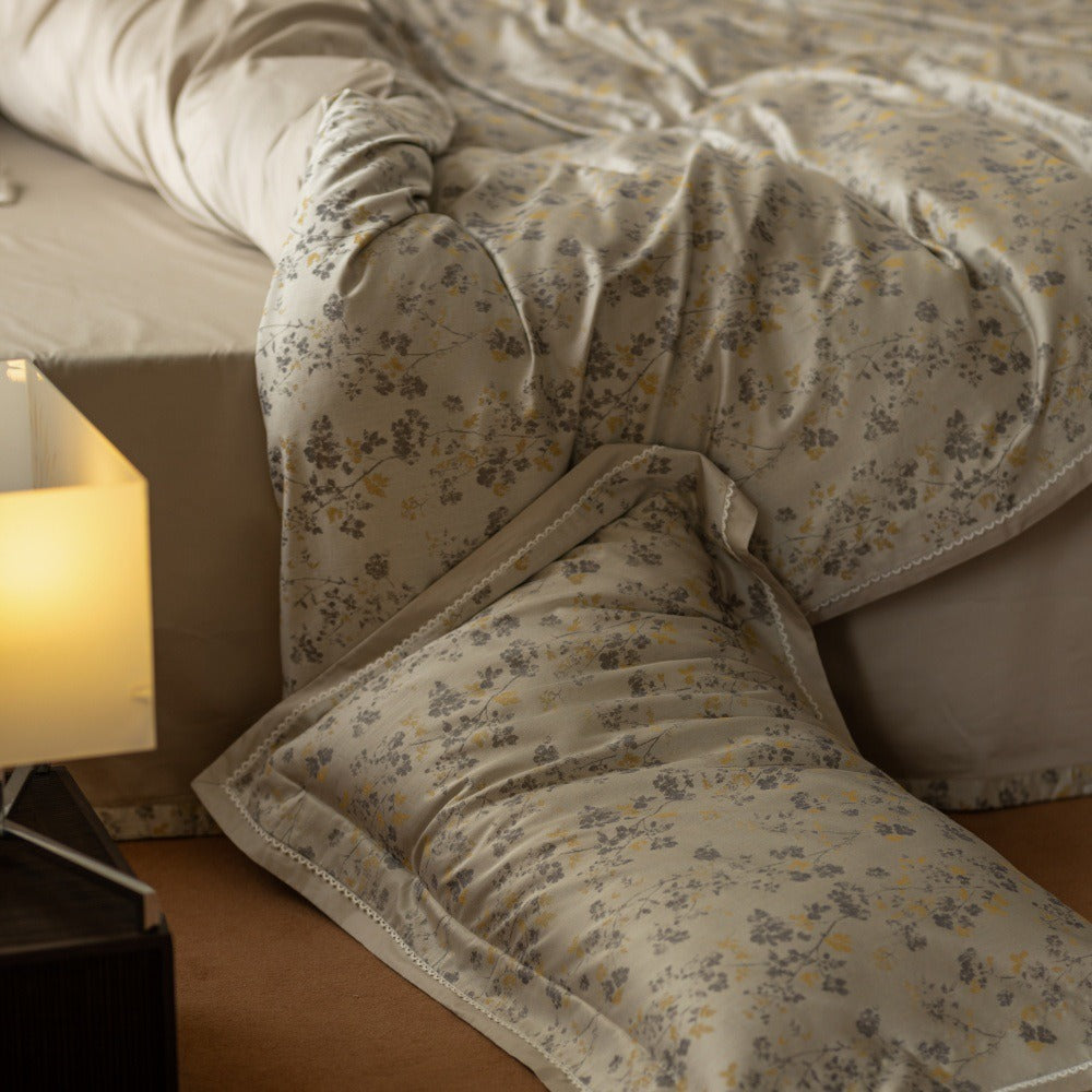 VILZSTUDIOS beige botanical floral bedding set with scalloped lace borders