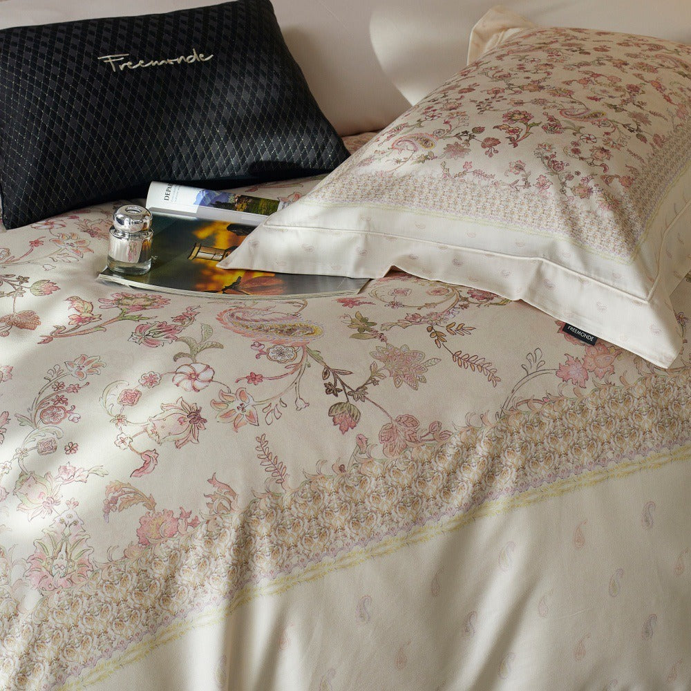 VILZSTUDIOS ivory satin botanical and paisley duvet cover set with dusty rose flowers and flanged edges