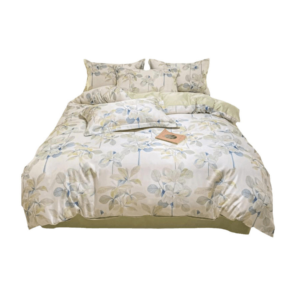 VILZSTUDIOS soft green and blue botanical print satin bedding set with coordinating solid-color reverse