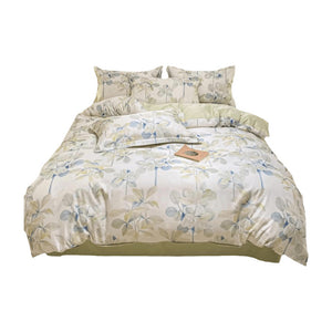 VILZSTUDIOS soft green and blue botanical print satin bedding set with coordinating solid-color reverse