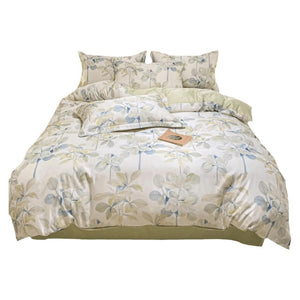 VILZSTUDIOS soft green and blue botanical print satin bedding set with coordinating solid-color reverse