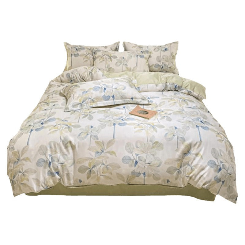 VILZSTUDIOS soft green and blue botanical print satin bedding set with coordinating solid-color reverse
