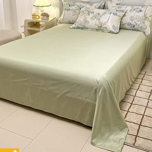 VILZSTUDIOS soft green and blue botanical print satin bedding set with coordinating solid-color reverse
