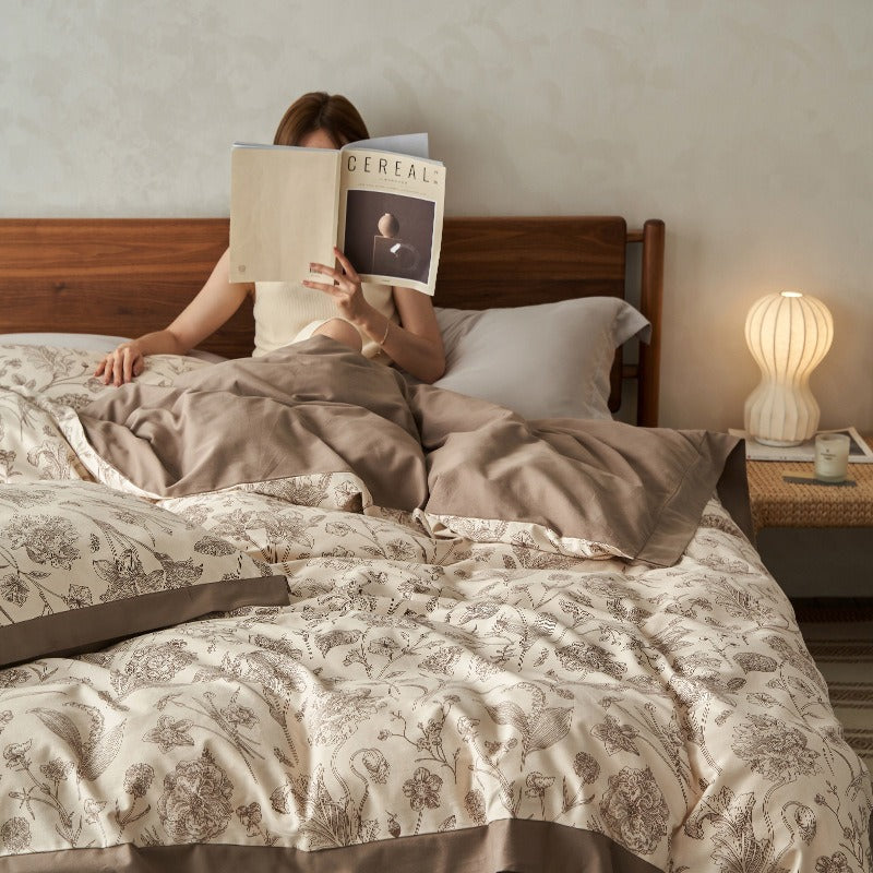 VILZSTUDIOS cream and sepia botanical floral duvet cover set with wide taupe-brown flange borders