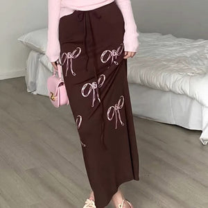 VILZSTUDIOS Stylish flowing maxi skirt with bow print design